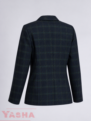 Back view of women's navy checked blazer with long sleeves – YASHA