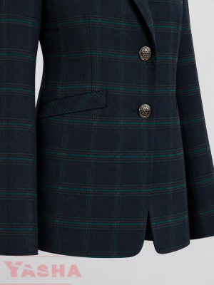 Decorative metal buttons and welt pocket on women's checked blazer – YASHA