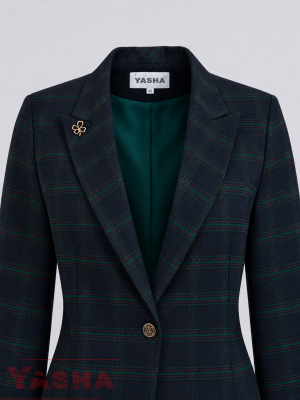 Navy checked fabric with green and burgundy lines on women's blazer – YASHA