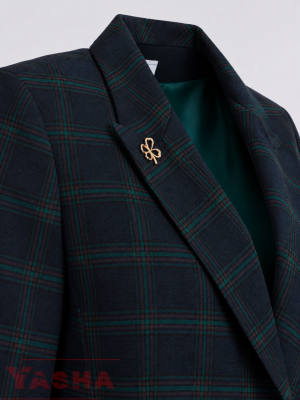 Gold-tone decorative lapel accent on women's navy checked blazer – YASHA