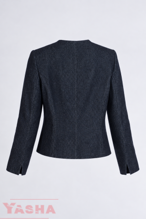 Back Women’s navy denim jacket with delicate embroidery by YASHA