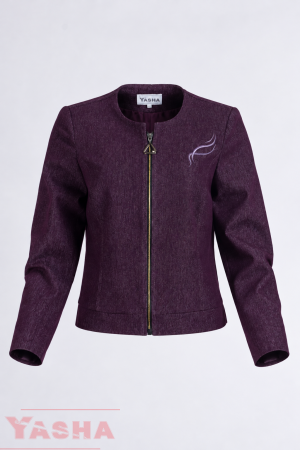 Embroidery detail on the purple denim jacket by YASHA