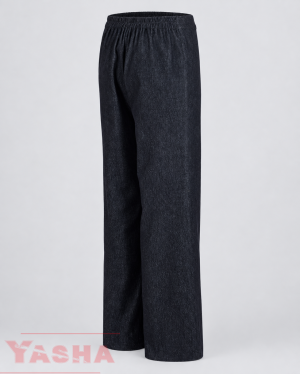 Angled view of YASHA purple denim trousers showing the wide-leg silhouette